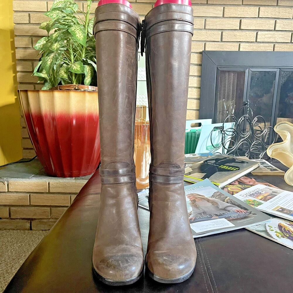 UGG Waterproof Lesley Brown Leather Wedge Tall Boots Buckle Detail Wms Size 7 - Picture 4 of 14